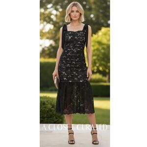 Rebecca Vallance Betty Bow Ruched Lace Midi Dress 0 Black NWT